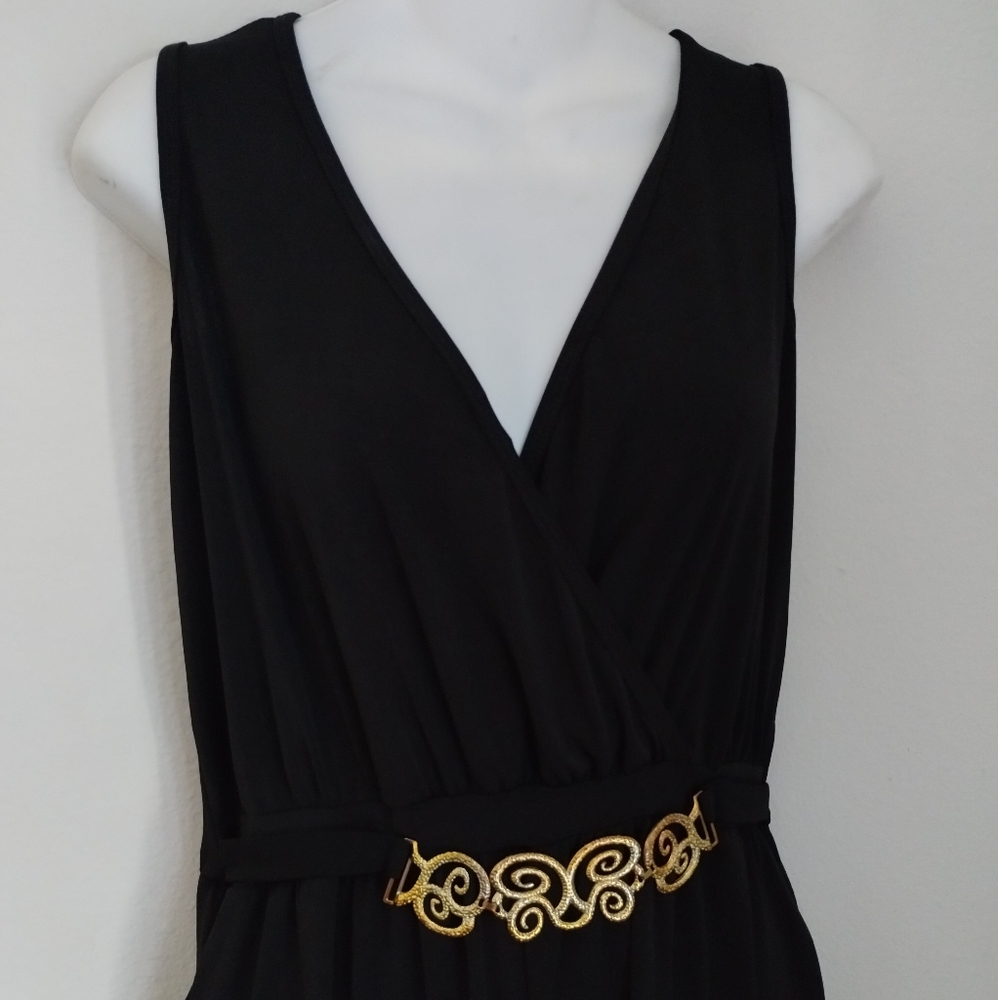 Women’s Black Wide Leg Jumpsuit Gold Detail V-Neck Medium - Picture 5 of 11
